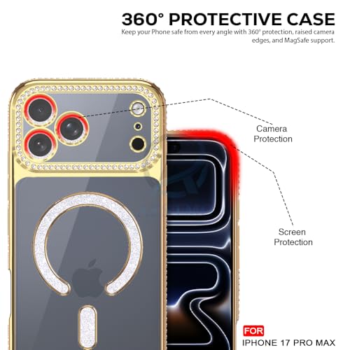 Image of AESTMO Back Cover for iPhone 17 Pro Max Compatible with MagSafe | Diamond Glitter Case | Luxury Bling Rhinestone Soft Clear TPU Bumper | Camera Lens Protection Cover for iPhone 17 Pro Max (Gold)