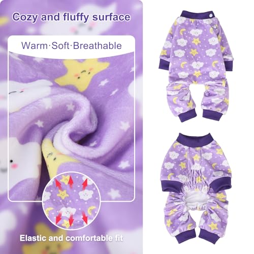 Image of BEAUTYZOO Dog Pajamas, Soft Stretchy Fleece Puppy Sweater for X-Small Dogs | Velvet Jumpsuit for Girl Boy Puppies, Breathable Pet Pjs, Warm Jammies Onesies in Cold Weather, Moon and Stars, Purple XS