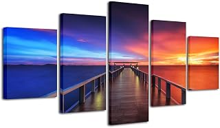 Pyradecor Sunset Bridge Large Modern 5 Piece Gallery wrapped Seascape Artwork Giclee Canvas Prints Red and Blue Landscape Pictures Paintings on Canvas Wall Art for Home Decor L