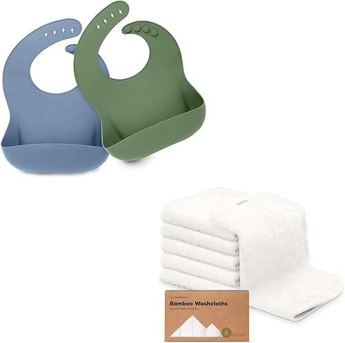 KeaBabies Paquete de 2 baberos de silicona para bebés y 6 paños de viscosa de bambú para recién nacidos, baberos de silicona para comer, paño