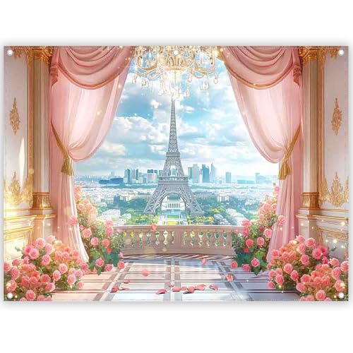 Swepuck 8x6ft Spring Paris Terrace Backdrop Eiffel Tower Pink Curtain Roses European City Landscape Photography Background Girls Party Decorations Photo Booth Banner by Swepuck - Used condition - US$21.10