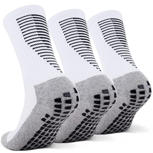 KEWUF 3 pares de meias desportivas antiderrapantes, meias de futebol, meias de futebol para homem, meias de aderência, meias desportivas antiderrapantes, 39-46 - branco