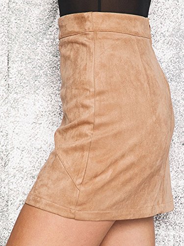 Simplee Women's High Waist Faux Suede Mini Short Bodycon Skirt Camel,12 - Thumbnail 3