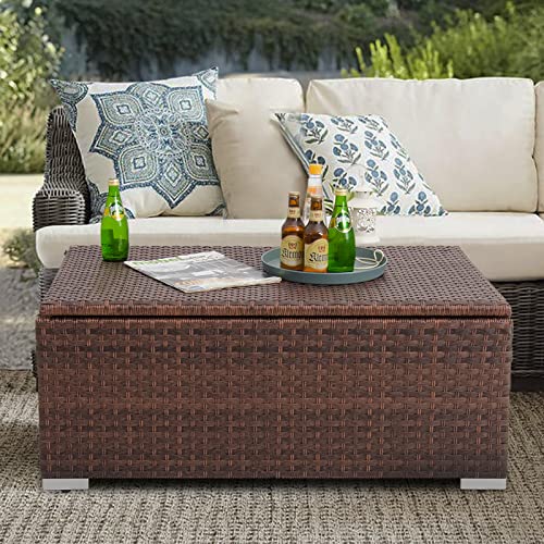 DIMAR GARDEN Outdoor Storage Coffee Table with Waterproof Cover Patio Wicker Storage Table 42 Gallon Mixed Brown