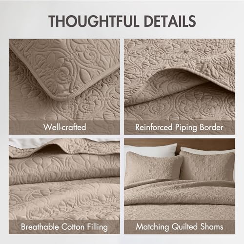 Madison Park Quebec Reversible Quilt Set Damask Design, Double Sided Stitching All Season, Lightweight Bedspread Bedding Set, Matching Sham, Khaki, Queen(102"x118") 3 Piece by Madison Park - Image 4