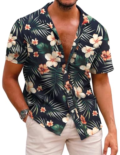 COOFANDY Hawaii Hemd Männer Baumwolle Hawaiihemd Sommer Hawaii Kurzarmhemd Strandhemd Blumen Shirt Faltenfrei Urlaub Shirt Blumenhemd Palmblätter-Grün und Orange XXL