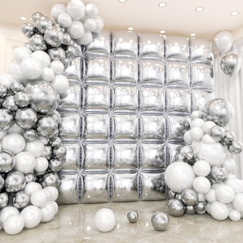 Image of 36pcs Silver Square Foil Balloons Wall Backdrop with 144pcs Balloon Garland Arch Kit, Double Sided Balloons for Bachelorette Baby Shower Birthday Anniversary Graduation Prom Party Decorations