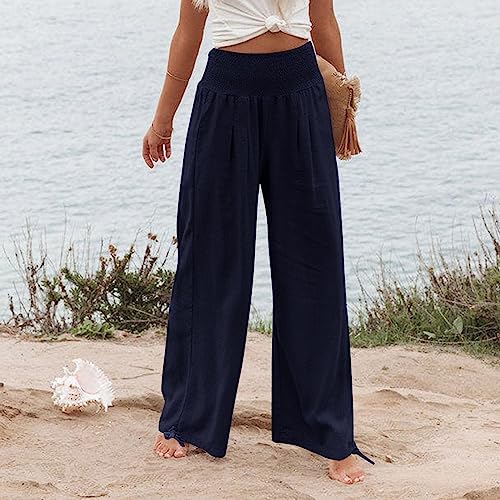 Women Cotton Linen Palazzo Pants Summer Boho Wide Leg High Waist Casual Loose Comfy Pants Trousers with Pocket3
