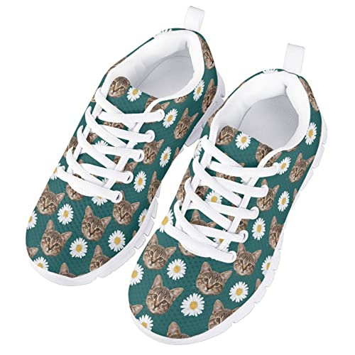 Floral Cat Print Green Cute Running Shoes for Little Girls Size 10.5 Kids Gym Dance School Lightweight Mesh Casual Daily Athletic Sneakers Girls Outdoor Indoor Fall Spring Walking Tennis Shoes3