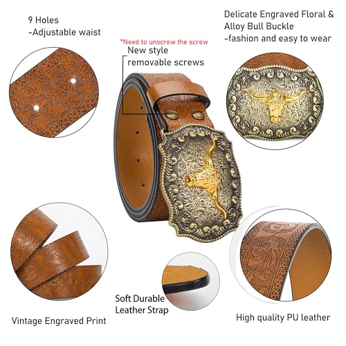 Western Cowboy-Belts for Women Big-Buckle Longhorn-Bull PU-Leather Rodeo Cowgirl-Belt Engraved Floral - Waist 25-38"2