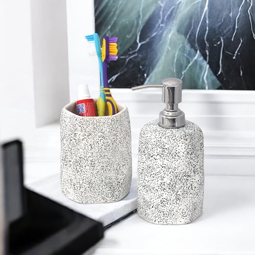 Image of Premium Ceramic Bathroom Set of 2 | Soap Dispenser & Toothbrush Holder for Bathroom Countertop | Stylish Handmade Ceramic Bath Accessories | Refillable Dispenser | White & Black