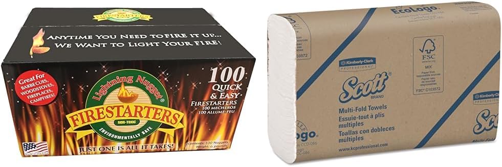 Lightning Nuggets N100SEB Super Economy Box Fire Starter, Tan Brown, 100 Count (Pack of 1) & Scott® Multifold Paper Towels (01804), with Absorbency Pockets™, 9.2" x 9.4" Sheets, White