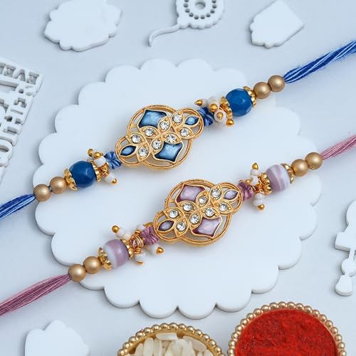 Image of eCraftIndia Set of 2 Multicolor Religious Om Symbol and Peacock Designer Rakhis with Roli Chawal Pack and Best Bro Ever Fridge Magnet - Rakhi for Brother