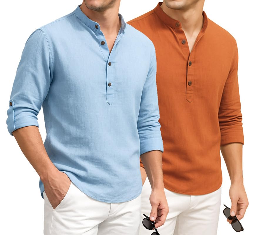 Image of DEELMO Combo of Men's Cotton Blend Solid Regular Fit Full Sleeve Short Kurta | Men's Trendy Short Kurta Pack of 2