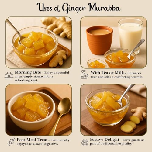 Image of Arivasa Organics Ginger Murabba with Honey (500g) Pure Adrak Ka Murabba with Organic Ginger Extract & Honey, Perfect for A Tasty & Healthy Treat & Daily Wellness (No Artificial Preservatives or Flavors)