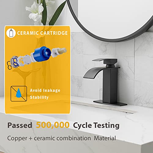 Besy Brass Black Waterfall Spout Bathroom Faucet, Single Hole Single Handle Bathroom Sink Faucet, Rv Lavatory Vanity Faucet With Deck Plate, Brass, Matte Black #TOP2