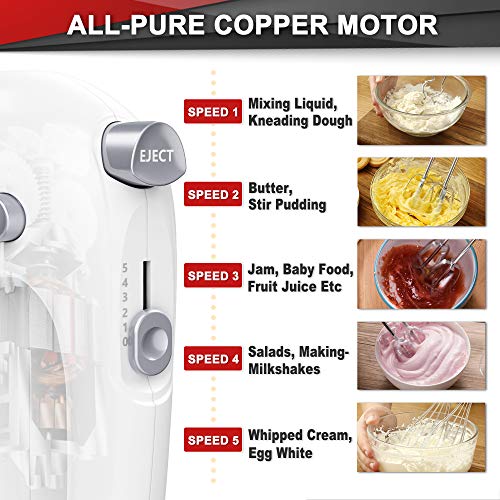 Lord Eagle Hand Mixer Electric, 400W Power handheld Mixer for Baking Cake Egg Cream Food Beater, Turbo Boost/Self-Control Speed + 5 Speed + Eject Button + 5 Stainless Steel Accessories - Thumbnail 6