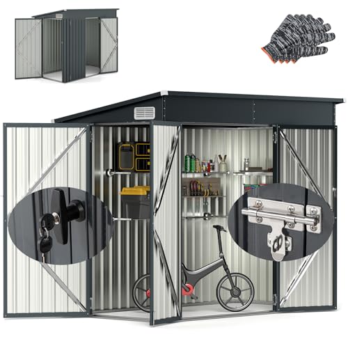 RELAX4LIFE Abri de Jardin Métal 235X117X185CM avec 2 Portes Verrouillable-Loquets Clés Inclus et Fenêtres, Cabane à Outils Cabanon Résistant aux intempéries pour Poubelles Extérieur (Gris, 5M³)