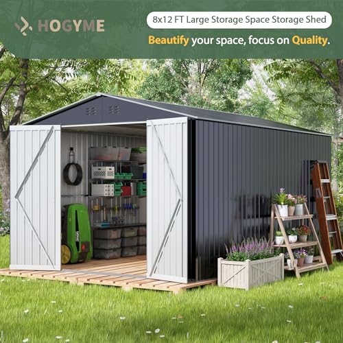 8x12 FT Outdoor Storage Shed, Large Metal Tool Sheds with Updated Frame Structure and Lockable Doors, Garden Shed for Backyard Garden Patio Lawn Grey, Gray, SS101