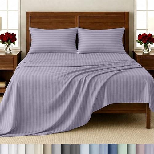 Image of California Design Den - King Sheet Sets Deep Pocket, Soft 100% Cotton Sheets Deep Pockets Snug Fit Elastic, 500 Thread Count Sateen, Damask Stripe Bed Sheets (Stripe - Lavender)