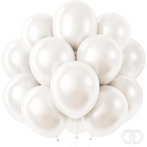 RUBFAC Pearl White Balloons 65pcs, 12 Inch Party Balloon with Ribbons for Wedding Engagement Anniversary Bridal Baby Shower Birthday Party Decoration