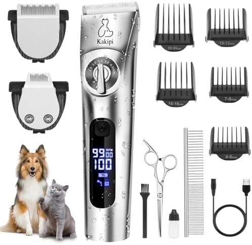 Professional Dog Grooming Kit with 3 Cutter Head, Cordless Dog Clippers with Low Noise Rechargeable Waterproof, Pet Hair Clippers Tools Suitable for Small & Large Dogs Cats with Thick Coats