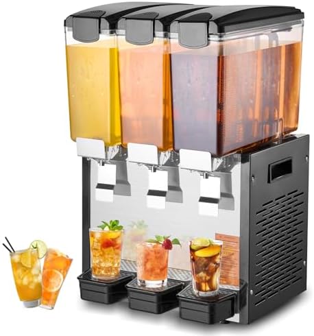 VEVOR Commercial Beverage Dispenser, 3 Tanks 10 L / 10.6 QT Per Tank Juice Dispenser, 440W Stainless Steel Ice Tea Drink Machine with 45°F-54°F Cooling Temperature, for Cold Drink Restaurant Bar Party