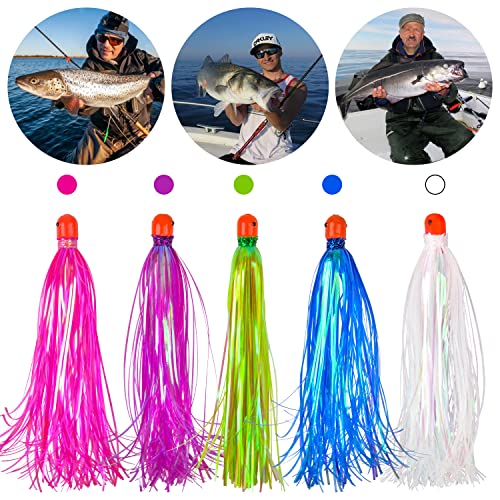 5Pcs Fishing Teasers Tail Jig Head Fishing Lure Bait Bucktail Teasers Skirt Sinker Head 0.35 Ounce With Mylar Flash Skirted Hair #TOP25