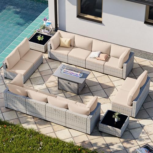 Image of Outdoor PE Wicker Rattan Modular Patio Sectional Sofa Set | 15-Piece: 12 Modular Seats, 2 Coffee Tables & 55,000 BTU Fire Pit Table, Khaki