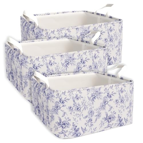 Blue Floral Storage Basket, Kids Large Flowers Storage Bins Box with Handles, Girls Shelf Basket Ideal for Room Nursery Decor, Books, Organizing...