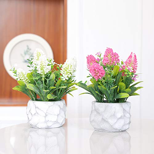 Lueur 2Pcs Artificial Pot Flowers White/Pink Faux Lavender Potted Fake Flower Arrangements In Slurry Pots For Home Office Farmhouse Decoration Table Centerpieces Shelf Small Plant Decor #TOP6