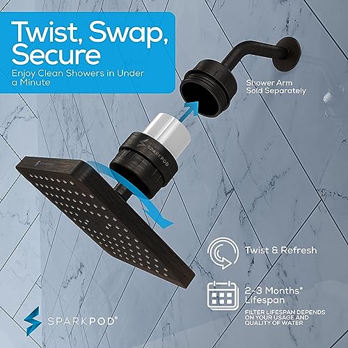 Image of SparkPod Filtered Shower Head, 23-Stage, 8 inch Square, Oil-Rubbed Bronze | Showerhead for Hard Water, High Pressure, Reduces Chlorine, Heavy Metals, For Dry Skin & Hair, Removable Capsule Filter