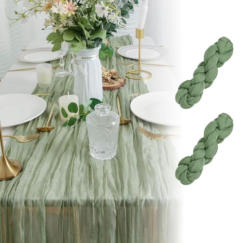 Sage Green Table Runner - 2 Pcs 10FT Gauze Cheesecloth Table Runner for Wedding Reception, Sheer Bridal Shower, Birthday Party Boho Decoration, Rustic Romantic Wedding Runner
