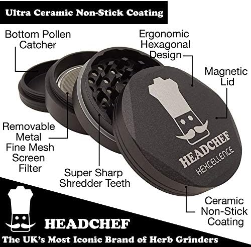 Headchef Hardcore Hexellence Ceramic Non-Stick Coated Metal Herb Grinder, 4 Piece, 62mm (Black)