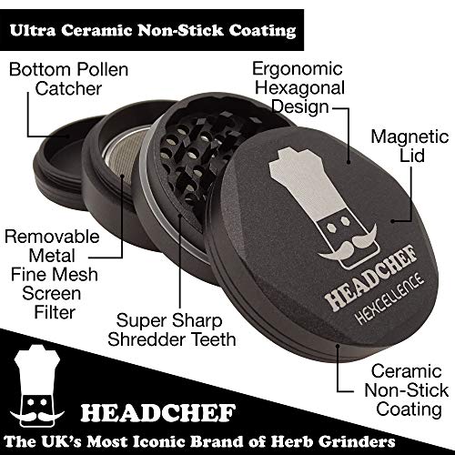 Headchef Hardcore Hexellence Ceramic Non-Stick Coated Metal Herb Grinder, 4 Piece, 62mm (Black), Onyx Black - Image 2