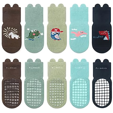 FedMois 5 par skarpet antypoślizgowych dla dzieci bawełniane antypoślizgowe skarpetki do kostek zwierzęta, dinozaur, 0-12 miesięcy