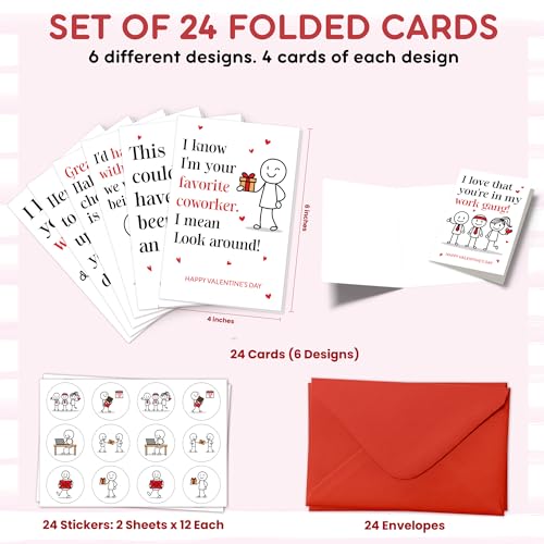 KATLADIZ 24 Packs Coworker Valentine Cards - Valentines Cards for Coworkers - The Office Valentines Day Card for Coworkers, Employees - 4.0''x 6.0'' Funny 6 Designs Card with Envelopes, Stickers