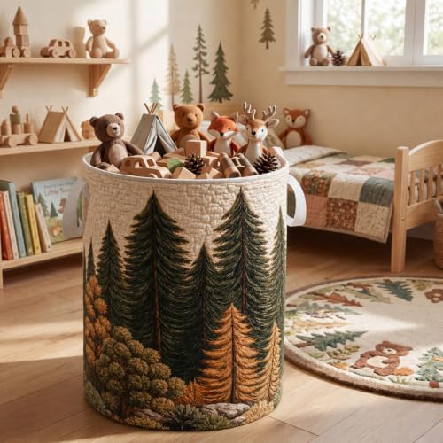 Singhoow 16" x 22" Quilted Laundry Basket with Handles Large Rustic Forest Quilted Hamper Soft Storage Basket Farmhouse Cabin Decor for Bedroom Laundry Room Clothes Toys Organizer - Image 5