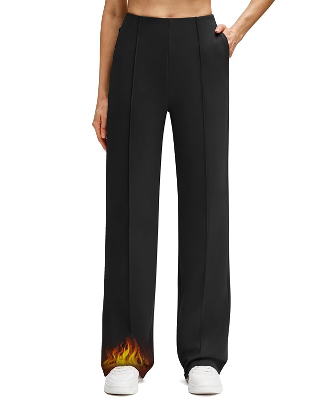 G4Free Womens Fleece Lined Wide Leg Pants High Waist Front Seam Thermal Sweatpants with Pockets Casual