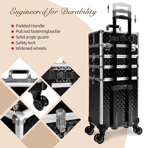 Image of 5 in 1 Rolling Makeup Train Case Professional Cosmetic Trolley Large Storage Organizer on Wheels for Hairstylist Artist Nail Beauty Salon Barber Black