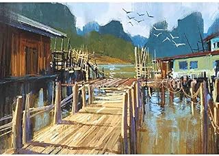 wall26 - Landscape Painting of Fishing Village in Summer - Removable Wall Mural | Self-Adhesive Large Wallpaper - 66x96 inches