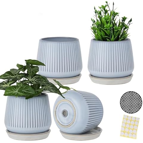 BABALIU 3.5 Inch Ceramic Succulent Planter Pots with Drainage Hole and Saucers, Small Glazed Ceramic Plant Pots for Indoor Flowers, Herbs, Cactus, Outdoor Plants, Blue, Set of 4 (Plants Not Included) Cover