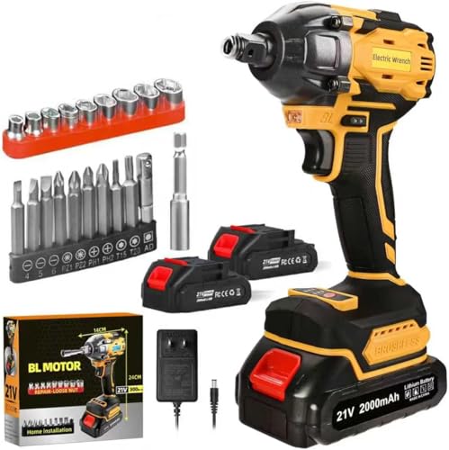 Image of Cordless Impact Wrench, 21V Torque Power Impact Driver, 1/2" Power Impact Wrenches with 2 * 2.0Ah Batteries with 19 Accessories, Electric Impact Motor Variable Speeds for home installation (Yellow)