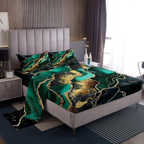 Erosebridal Marble Fitted Sheet Queen Size Abstract Marble Vein Sheet Set for Boys Girls, Gradient Tie Dye Bed Sheets Golden Marbling Quilt Set Dark Green Ink Fluid Art Marble Home Decor