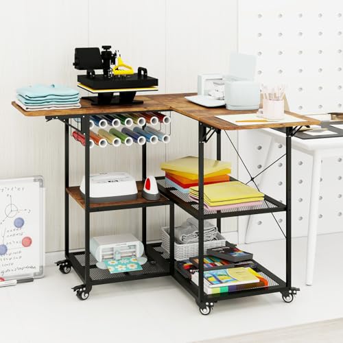 PUNCIA Movable Corner Heat Press Table with Vinyl Roll Holder Heavy Duty Heat Transfer Stand with Foldable Table Rolling Heat Press Cart DIY Craft Workstations for Cutting Machine
