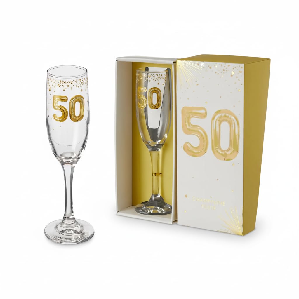 Hox 50th Birthday Champagne Flute Gift – Elegant Gold Balloon‑Style ‘50’ Design, Crystal‑Clear Glass for Prosecco, Champagne & Sparkling Wine – Premium Celebration Keepsake in Gift Box