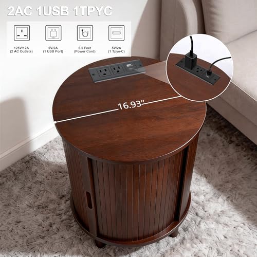 Image of DHH End Table Set of 2 with Storage & Charging Station, Fluted Accent Side Table with Sliding Door & Adjustable Shelf, Mid-Century Nightstand for Small Spaces, Living Room, Bedroom(2, Walnut)