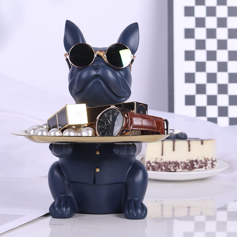 Bandeja de Resina Azul Marino con Estatua de Bulldog para Decoración del Hogar, Banco de Ahorro, Bandeja para Llaves, Almacenamiento, Soporte para Caramelos, Joyas, Pendientes, Adecuada para
