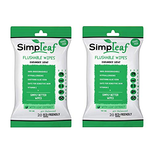 Simpleaf Flushable Wet Wipes | Eco- Friendly, Paraben & Alcohol Free | Hypoallergenic & Safe for Sensitive Skin | Soothing Aloe Vera Formula with Cucumber Scent | (20-Count) 2 Pack