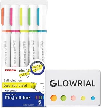 Zebra Highligher Just Fit Mojiniline 5-Color Set with Sticky Notes Smudge-Resistant for Ballpoint Pen Writing, Soft Flexible Tip, Compact Design WKS22-5C